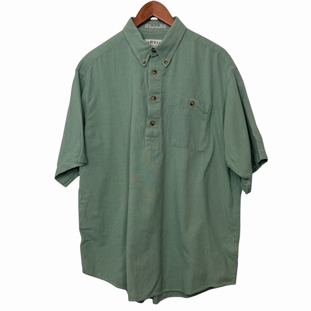 Orvis Mens Large Green Check Button Up Shirt Short Sleeve Cotton Casual - Picture 2 of 7